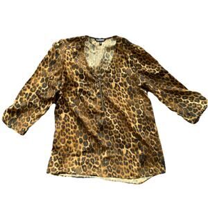 Express Leopard Print Silky Zip Front 3/4 Sleeves Blouse Women's Size SMALL